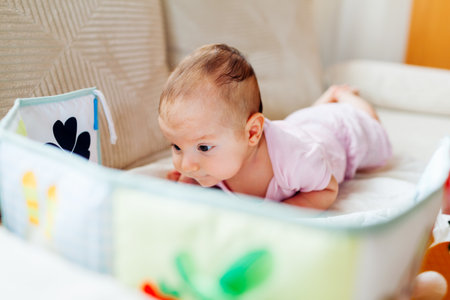 Newborn baby looking in the mirror during tummy time. Infant lying on belly examining paintings in double-sided bookの写真素材