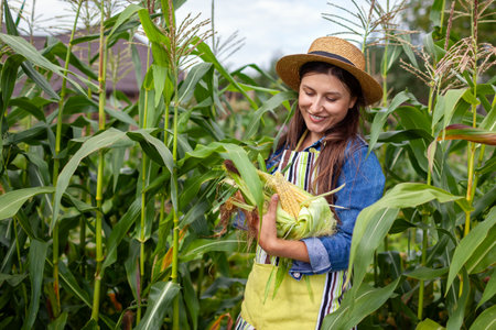 Portrait of young farmer woman picking corn in vegetable garden. Autumnal maize harvest.の写真素材