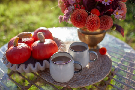 Close up of hot coffee drinks in mugs for breakfast in autumnal garden. Table decorated with dahlia flower arrangement and pumpkins for fall in orange and red colorsの写真素材