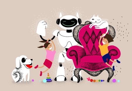 Children play at home with pets and robot. Robot nanny is watching over the children. Futuristic assistant babysitter. Robotic friend.のイラスト素材