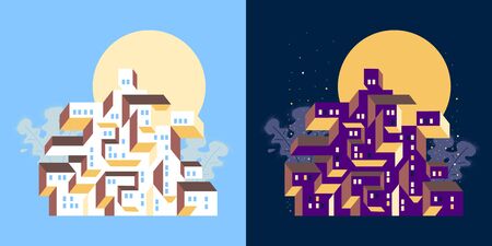 view of city at day and night. sun and moon illuminates the urban cityscape. modern building at geometric composition town. flat vector illustration.のイラスト素材