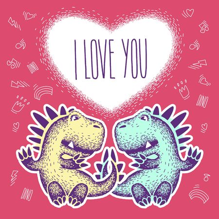 dino i love you. Big heart of love. two lovers dinosaurs, declaration of love. Two cute cartoon dinosaurs. Design for fabric, print, textile, paper.のイラスト素材