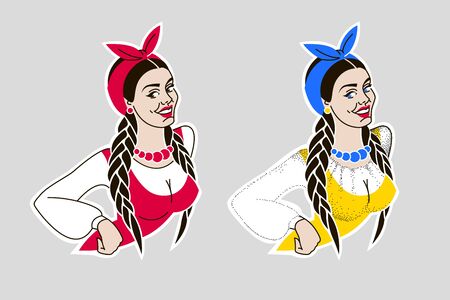 girl in national Ukrainian color. effective women in dress, scarf, with braids, beads. portrait girl with smile can be used for advertising, brand.のイラスト素材