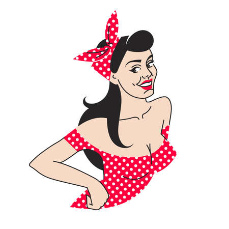 pin-up girl in a red dress and a white polka dots scarf. portrait of a young brunette with deep neckline, black hair and red lipstick. Retro style.のイラスト素材