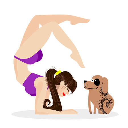 girl doing yoga in a scorpion pose. asana Vrischikasana. home yoga with a pet. physical activity at home. vector illustration in flat style.のイラスト素材