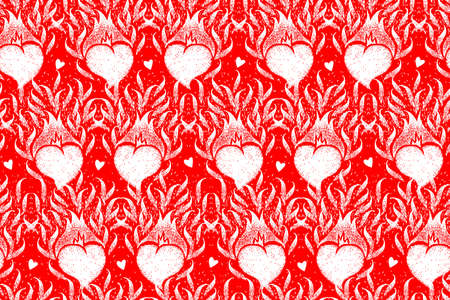 Seamless pattern with Fire hearts. Cute handmade illustration. Seamless backdrop for arts, wallpapers, web, fabrics. hearts. Burning Flame hearts.のイラスト素材