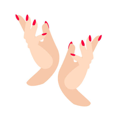 manicure, hand care, neat well-groomed two female hands with red nail polish, gel coat nail polish. delicate skin after a soft cream. spa treatments in the salon rejuvenating the skin of the hands.のイラスト素材