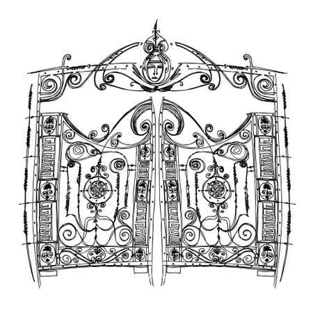 Vintage graceful gate as architecture element. portal of old city, decorative element of historical location. elegant black and white line graphics in retro style.のイラスト素材