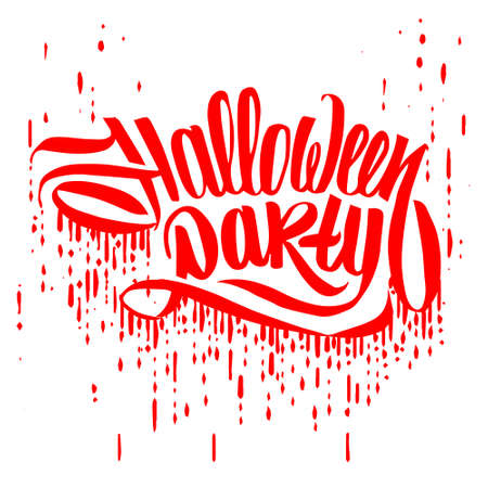 Halloween party invitations, banner template or greeting cards with handwritten calligraphy in white and red colors with blood drops.のイラスト素材