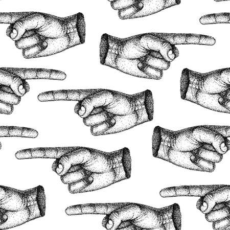 Seamless pattern vintage pointing finger showing direction. black and white template for tattoo, poster, print or t-shirt in retro style. dot graphicsの写真素材