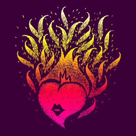 Red gradient burning heart on dark background. Vector vintage handmade illustration. Fire of love. Flame of heart. Sketch for poster, print, tshirt.のイラスト素材
