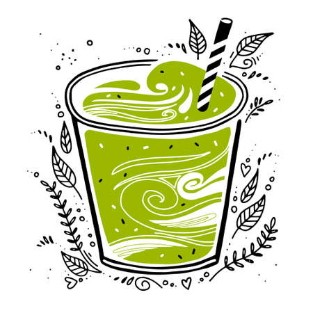 smoothie fresh. Detox smoothie in doodle style. vector illustration on white background with breakfast food. green cocktail. concept healthy lifestyleのイラスト素材