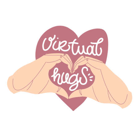 Virtual hugs icon, vector calligraphy with hands and heart. Hugging phrase, social media connection. Virus-free virtual hugs, social from distancing.のイラスト素材