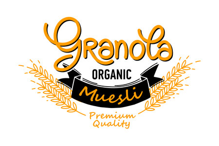 Granola vector with handwritten calligraphy lettering composition, ribbon and spikelets in hand made style. Muesli, organic health food concept.のイラスト素材