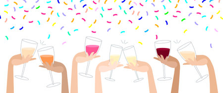 clink glasses with wine and confetti. hen-party. festive party. hand holds a glass with alcoholic drinks. celebration with clinking glasses. cheers.のイラスト素材