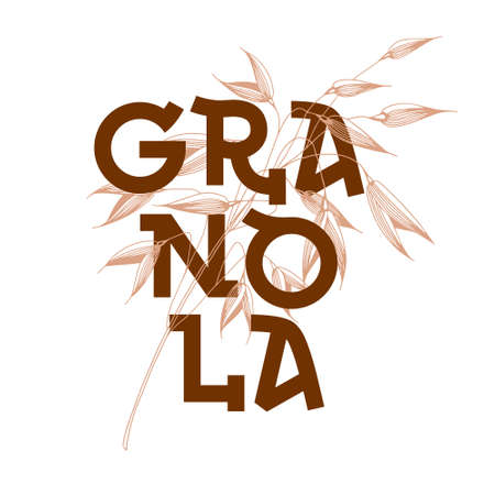 Granola design vector. Organic product premium quality. Lettering composition with spikelets of oats. Healthy food logotype for package, label.のイラスト素材