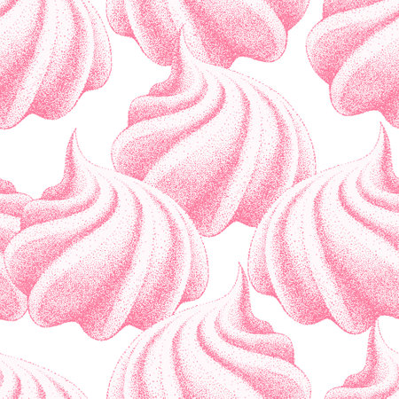 Seamless pattern with pink airy french meringues, marshmallow, zephyr. Sweetness, sweet cake, dessert. Vector in graphic vintage retro style.の写真素材