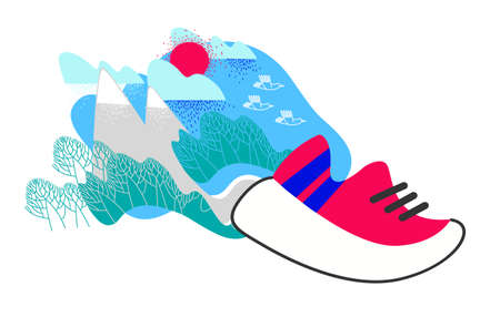 Trail Running, sport in nature. Outdoor running distance. Vector sneaker and mountain landscape with trees, sun, clouds, birds. Active lifestyle.のイラスト素材
