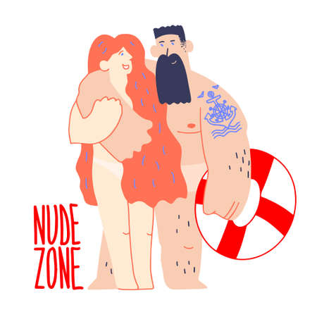 Naturist beach. Nude zone. Resort for nudists community. Couple without swimwear. Naked people relaxing on sea in summer. Bearded man, redhead girl.のイラスト素材