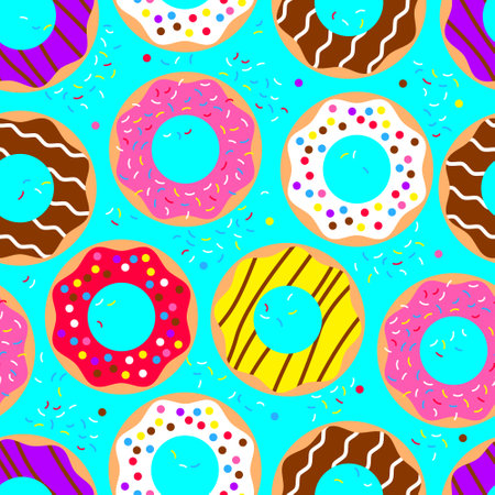 Donuts seamless pattern. American sweet food, dessert. Top view doughnuts collection into glaze for menu design, cafe decoration, delivery box.のイラスト素材