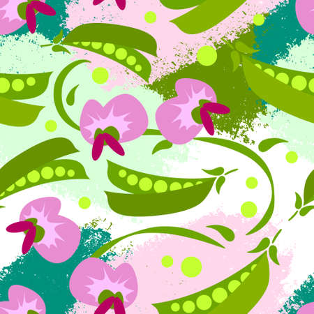 Green pea pods with blooming pink flowers, vector seamless pattern. Agricultural legumes plant drawing with beans, leaves, flowers and colored strokesのイラスト素材