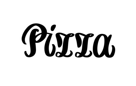 Pizza logo, elegant hand-lettering calligraphy vector, isolated on white background. Italian pizza - design template for pizzerias, restaurants, cafe.のイラスト素材