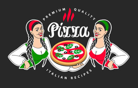 Two young beautiful italian girls chefs offer to taste pizza. Logo hand-lettering calligraphy vector. Design template. Women cook. Italy flag colors.のイラスト素材