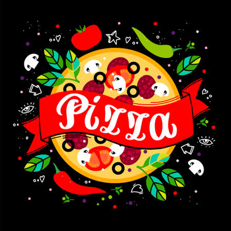 Round pizza with sausage, mushrooms, tomatoes, basil, olives, pepper on black background. Handwritten vector logo for Italian dish on red ribbon.のイラスト素材