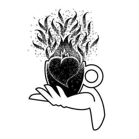 Heart in cup of coffee in hand. Love for strong espresso. Coffee mania. Vector illustration. Black and white sketch. Break work for coffee time.のイラスト素材