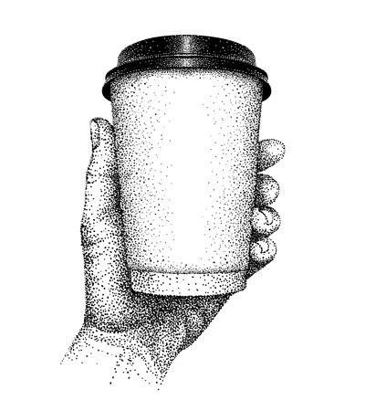 Coffee to go. Takeaway. Takeout. Paper cup with lid in human hand. Hand-drawn sketch in vintage pointillism style. Hand holds mug with hot beverage.のイラスト素材