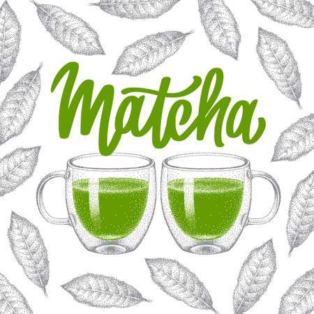 Matcha green tea in two glass double wall cup. Lettering with leaves of green tea. Realistic sketch. Vintage style, pointillism. Hand-drawn vector.のイラスト素材