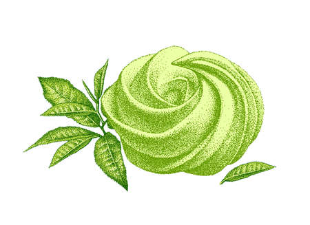 Sweet cake of matcha with leaves. Dessert with green tea flavor. Sketch of sweetness with matcha powder ingredient. Vintage style. Hand-drawn vector.のイラスト素材