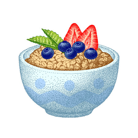 Granola in bowl with strawberries, blueberries, mint leaves. Oatmeal healthy breakfast, oat grain porridge. Cereal food, muesli flakes. Vector sketch.のイラスト素材