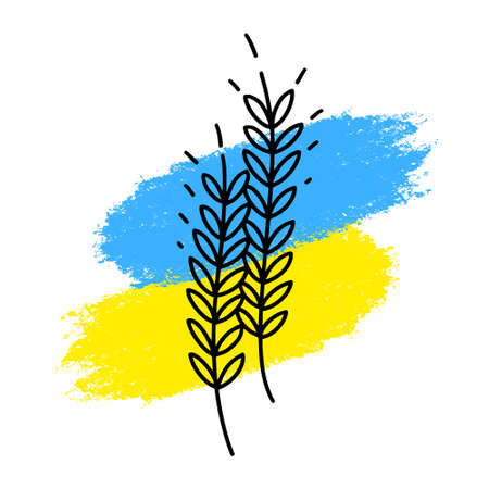 Ukraine grain. Spikelet line icon. Grains of wheat on colors of ukrainian flag. Vector on the theme of flour. Food crisis. Agriculture, harvest symbolのイラスト素材