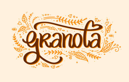 Granola vector. organic muesli. handmade calligraphy. Lettering, leaves with decorative elements. illustration healthy concept with cute background. oatmeal porridge. hipster lifestyle.のイラスト素材