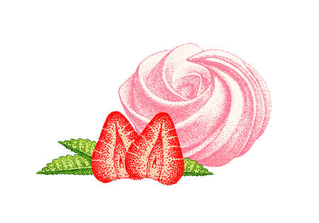 Strawberry cake. Airy french meringue pink, marshmallow, zefir. Sweetness, sweet cake, dessert with strawberries flavor. Hand drawn vector Illustrations. Colorful engraved sketch.のイラスト素材