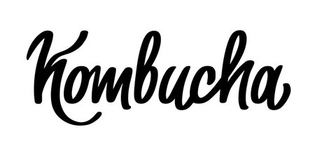 Kombucha vector hand written lettering, original calligraphy. Healthy fermented probiotic tea. Superfood drink. Template sign design for logo, label.のイラスト素材