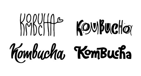 Kombucha vector set, hand written lettering, original calligraphy. Fermented probiotic tea. Templates sign design for logo, print, packaging, label.のイラスト素材