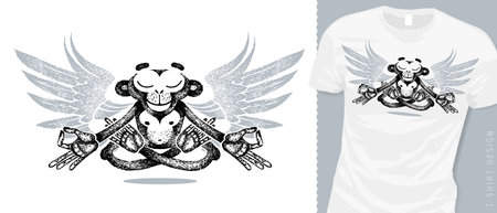 T-shirt design, monkey with wings in lotus position and keep calm, meditation, levitates. Zen balance, mudra hands. Yoga animal. Vector sketch.のイラスト素材