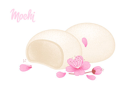 Mochi ice cream on white background with sakura flower and petals. Japanese traditional sweet soft dessert. Ball of rice flour with bean paste. Vector illustration, healthy sweet snack.のイラスト素材