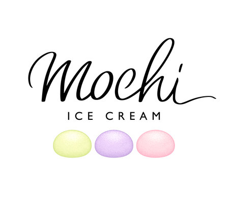 Mochi ice cream handwritten logo template. Elegant modern brush calligraphy label for Japanese traditional sweet soft dessert. Modern lettering. Vector illustration isolated on white background.のイラスト素材