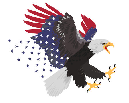 Bald Eagle with American flag. National symbol USA with wings painted of flag. Vector illustration. Patriotic brave bird flying to defend.のイラスト素材