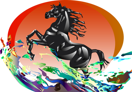 A horse in the sunset and waves.のイラスト素材