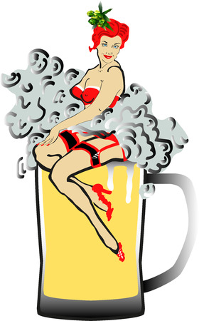 Beer with foam and pin-up girl.のイラスト素材