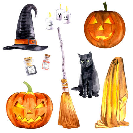 Happy Halloween big collection with kitty character, party garlands, various holiday symbols. Hand drawn watercolour painting on white, clip art graphic elements for creative design, printable decor.の写真素材