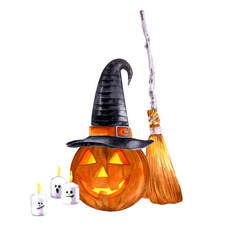Halloween watercolour decorative composition. Hand-drown illustration of ghost, witch hat, pumpkin, candles.の写真素材