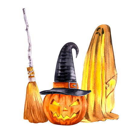 Halloween watercolour decorative composition. Hand-drown illustration of ghost, witch hat, pumpkin.の写真素材