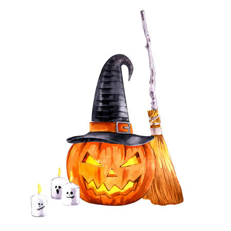 Halloween watercolour decorative composition. Hand-drown illustration of ghost, witch hat, pumpkin, candlesの写真素材