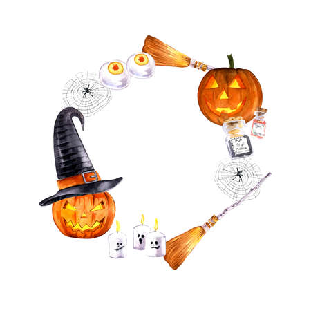 Halloween watercolour decorative circular wreath composition. Hand drown illustrationの写真素材
