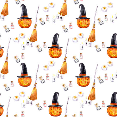 Halloween watercolor decorative composition. Watercolor composition of halloween attributes. Ghost, hat, pumpkin, witch's broom, candlesの写真素材